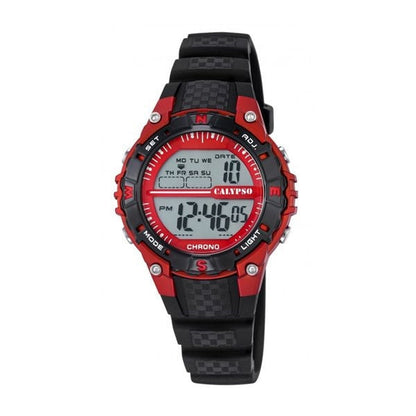 Calypso Digitale Unisex Uhr aus Kunststoff mit rotem Gehäuse, schwarzem Band, Stoppuhr, Alarm und Beleuchtung (ca. 38 mm, 10 bar)