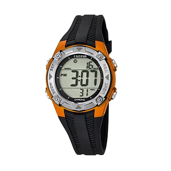Calypso Digitale Kinderuhr mit orangem Gehäuse, schwarzem Kunststoffarmband, Stoppuhr und Alarm (ca. 36,6 mm)