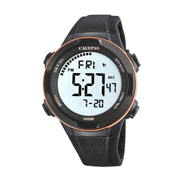 Calypso Digitale Herrenuhr mit schwarzem Kunststoffarmband, Stoppuhr, Timer und 10 bar Wasserdichtigkeit