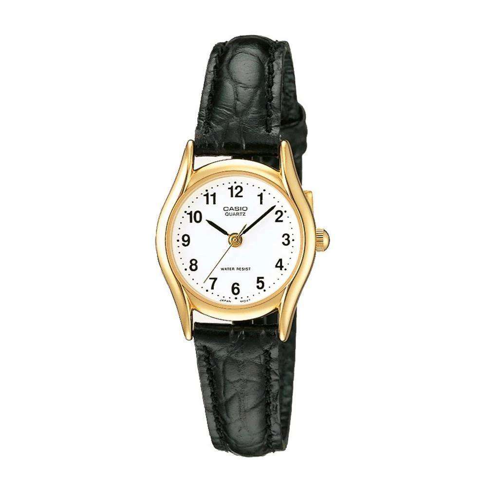 Casio Klassische Damen Quarzuhr mit hellem Zifferblatt und schwarzem Lederarmband