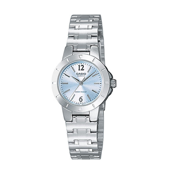 Casio Damen Analog Quarzuhr mit Edelstahlgehäuse und Edelstahlarmband, blaues Zifferblatt