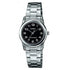 Casio Damen Analog Quarzuhr mit Edelstahlgehäuse und Edelstahlarmband, schwarzes Zifferblatt