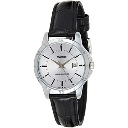 Casio Damen Analog Quarzuhr mit Metallgehäuse und Lederarmband, weißes Zifferblatt