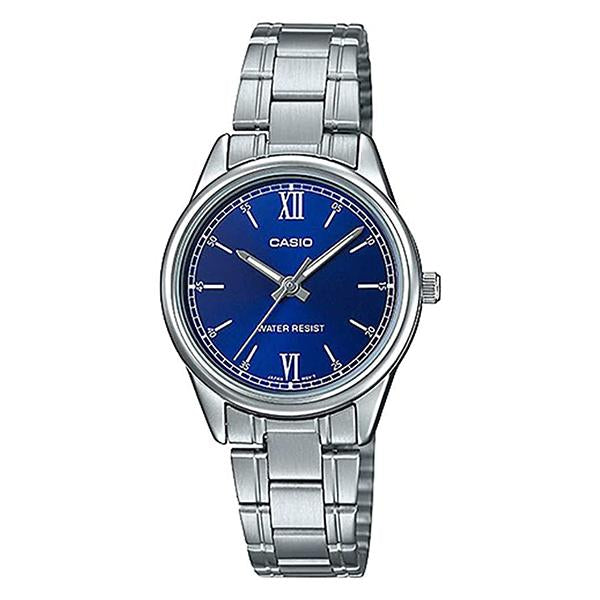 Casio Damen Analog Quarzuhr mit Edelstahlgehäuse und Edelstahlarmband, blaues Zifferblatt