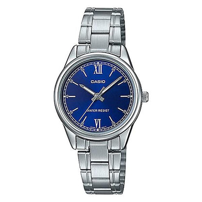 Casio Damen Analog Quarzuhr mit Edelstahlgehäuse und Edelstahlarmband, blaues Zifferblatt