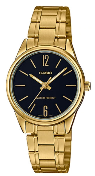 Casio Damen Analog Quarzuhr mit goldfarbenem Metallgehäuse und Edelstahlarmband, schwarzes Zifferblatt