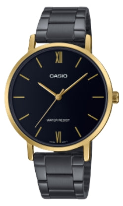 Casio Damen Analog Quarzuhr mit goldfarbenem Metallgehäuse und schwarz ionenplattiertem Edelstahlarmband, schwarzes Zifferblatt