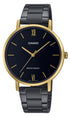 Casio Damen Analog Quarzuhr mit goldfarbenem Metallgehäuse und schwarz ionenplattiertem Edelstahlarmband, schwarzes Zifferblatt