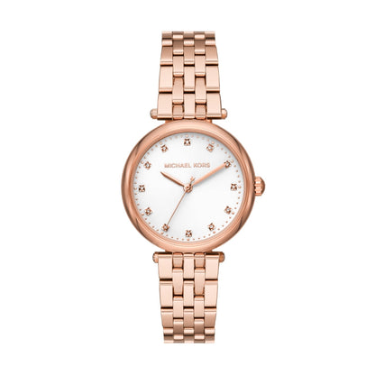 Michael Kors Quarz Damenuhr aus roségoldfarbenem Edelstahl mit weißem Zifferblatt und Kristalllünette (34 mm)