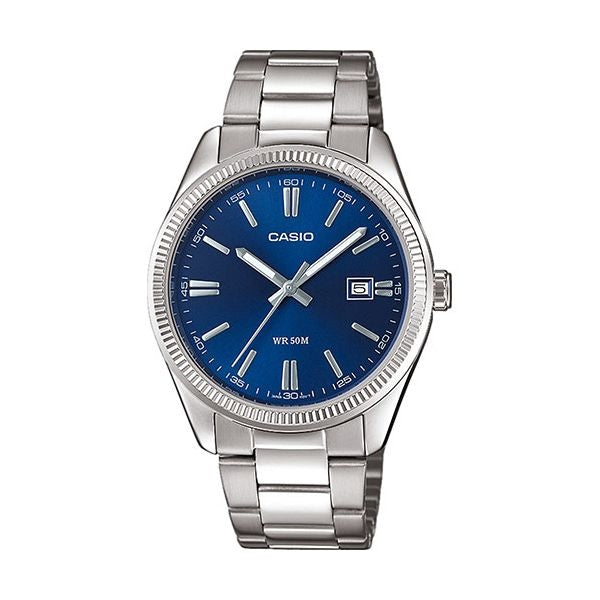 Casio Herren Quarzuhr aus Edelstahl mit blauem Zifferblatt, Datum und Edelstahlarmband