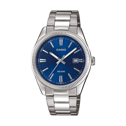 Casio Herren Quarzuhr aus Edelstahl mit blauem Zifferblatt, Datum und Edelstahlarmband