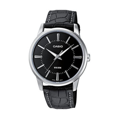 Casio Herren Analog Quarzuhr mit Metallgehäuse und Lederarmband, schwarzes Zifferblatt