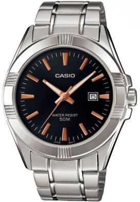 Casio Herren Analog Quarzuhr mit Edelstahlgehäuse und Edelstahlarmband, schwarzes Zifferblatt