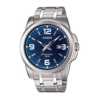 Casio Herren Analog Quarzuhr mit Edelstahlgehäuse und Edelstahlarmband, blaues Zifferblatt