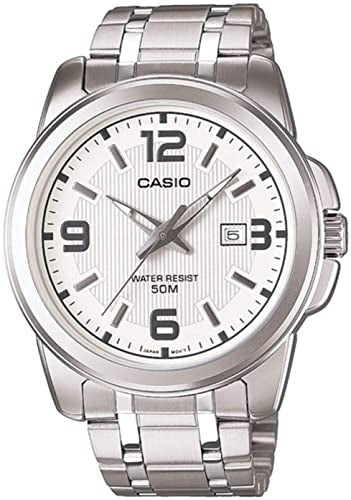 Casio Herren Analog Quarzuhr mit Edelstahlgehäuse und Edelstahlarmband, weißes Zifferblatt