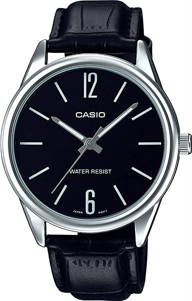 Casio Herren Analog Quarzuhr mit Edelstahlgehäuse und Lederarmband, schwarzes Zifferblatt