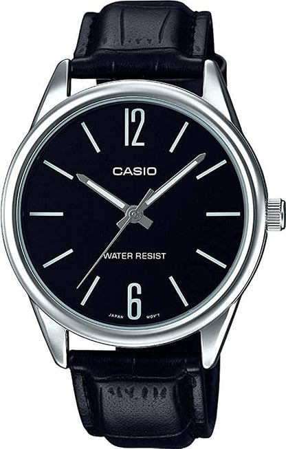 Casio Herren Analog Quarzuhr mit Edelstahlgehäuse und Lederarmband, schwarzes Zifferblatt