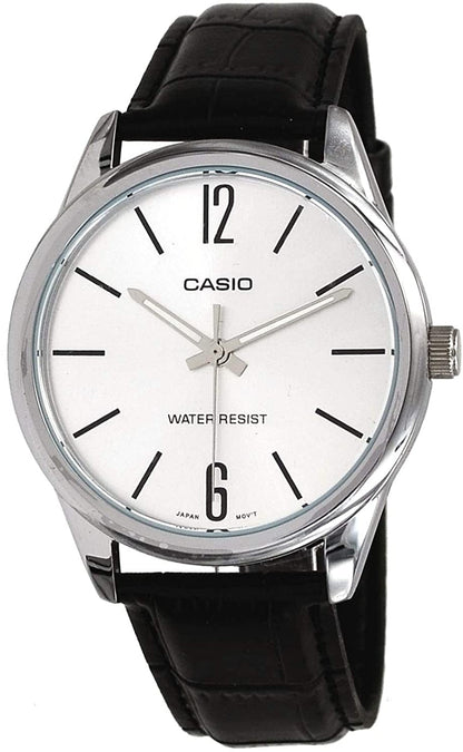 Casio Herren Analog Quarzuhr mit Edelstahlgehäuse und Lederarmband, weißes Zifferblatt