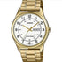 Casio Herren Analog Quarzuhr mit goldfarbenem Metallgehäuse und Lederarmband, weißes Zifferblatt mit Wochentag  und Datumsanzeige