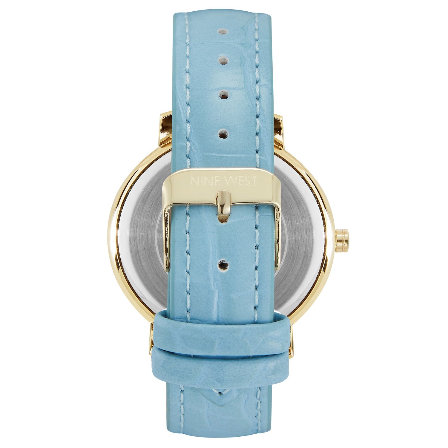 Nine West Damen Analog Quarzuhr mit Metallgehäuse und Metallarmband in Hellblau, blaues Zifferblatt