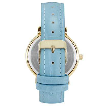 Nine West Damen Analog Quarzuhr mit Metallgehäuse und Metallarmband in Hellblau, blaues Zifferblatt