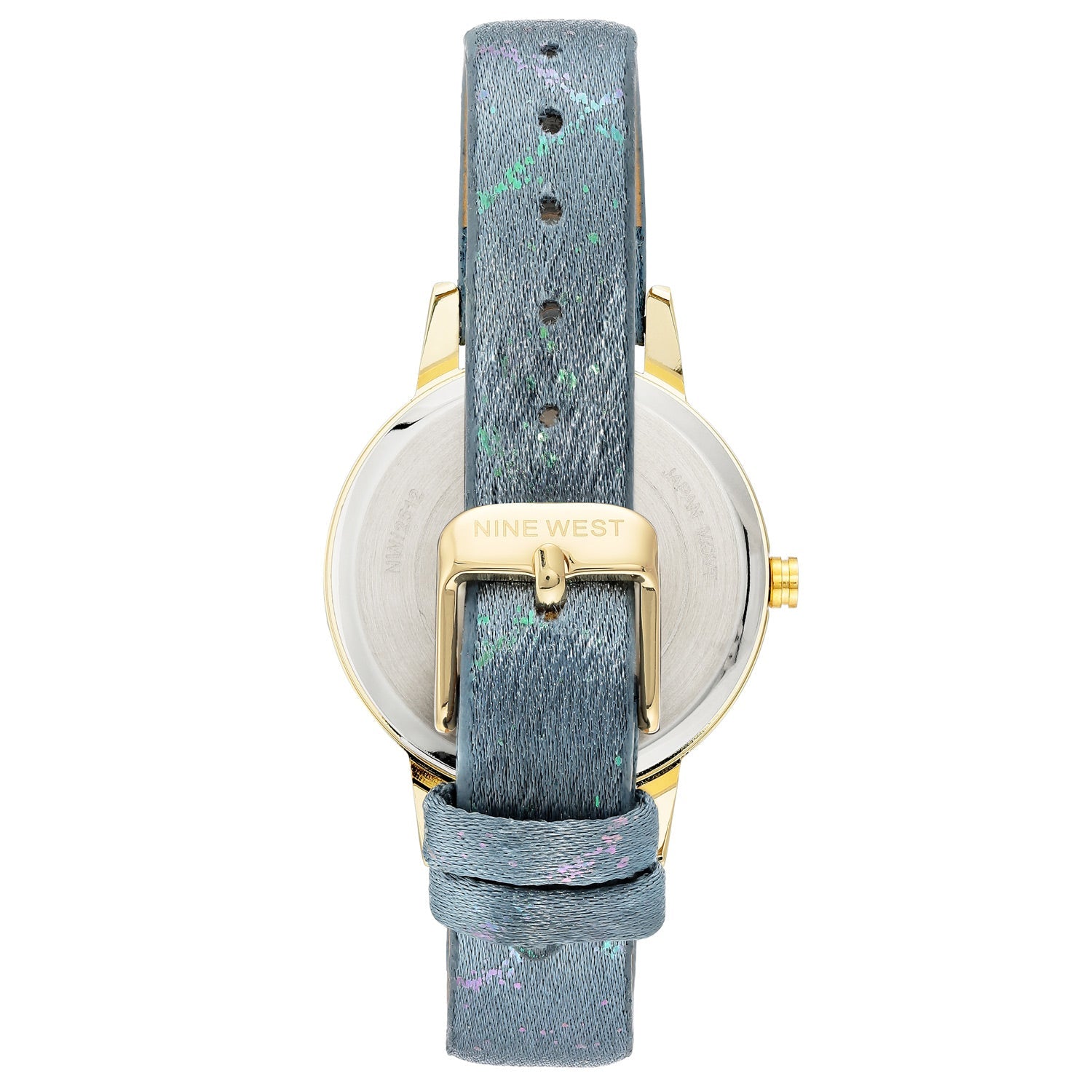 Nine West Damen Analog Quarzuhr mit goldfarbenem Metallgehäuse und Metallarmband, blaues Zifferblatt