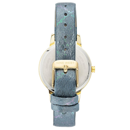 Nine West Damen Analog Quarzuhr mit goldfarbenem Metallgehäuse und Metallarmband, blaues Zifferblatt