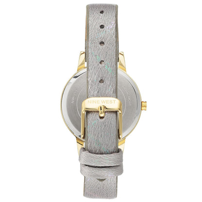 Nine West Damen Analog Quarzuhr mit goldfarbenem Metallgehäuse und Metallarmband, graues Zifferblatt
