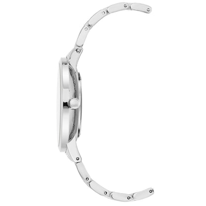 Nine West Damen Analog Quarzuhr mit grauem Metallgehäuse und Metallarmband, silberfarbenes Zifferblatt
