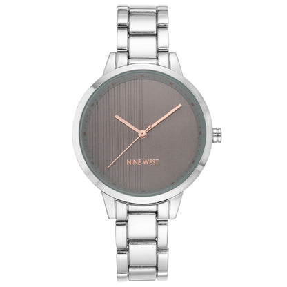 Nine West Damen Analog Quarzuhr mit champagnerfarbenem Metallgehäuse und Metallarmband, champagnerfarbenes Zifferblatt