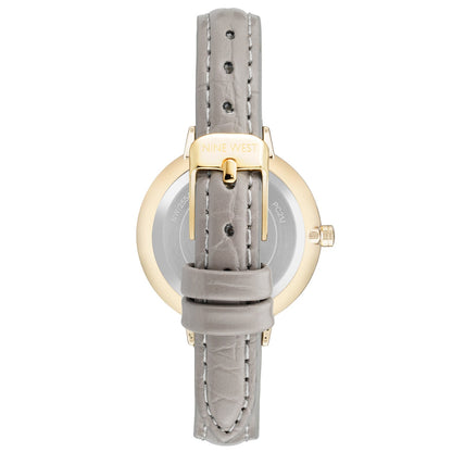 Nine West Damen Analog Quarzuhr mit grauem Metallgehäuse und Metallarmband, graues Zifferblatt