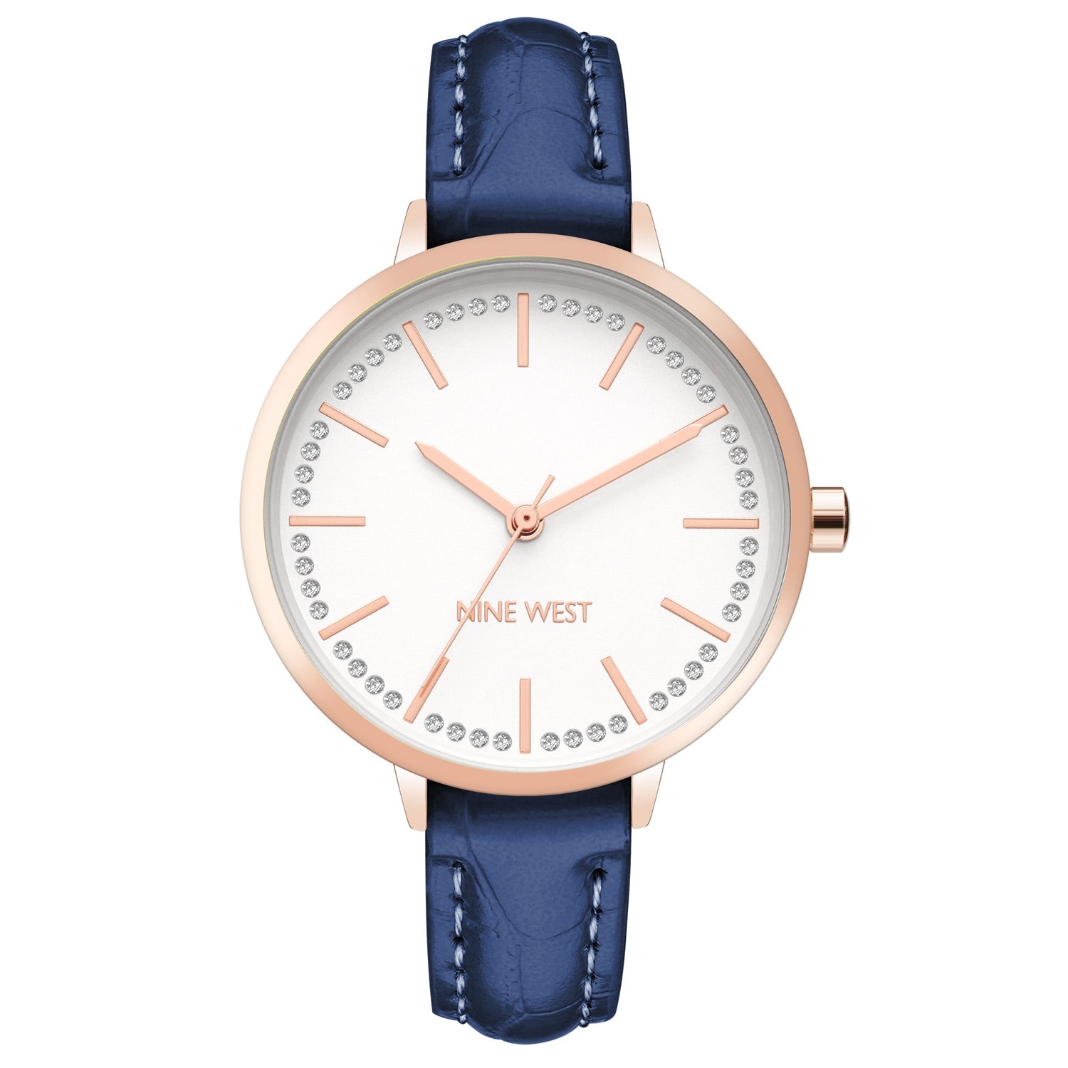 Nine West Damen Analog Quarzuhr mit roséfarbenem Metallgehäuse und Metallarmband, dunkelblaues Zifferblatt