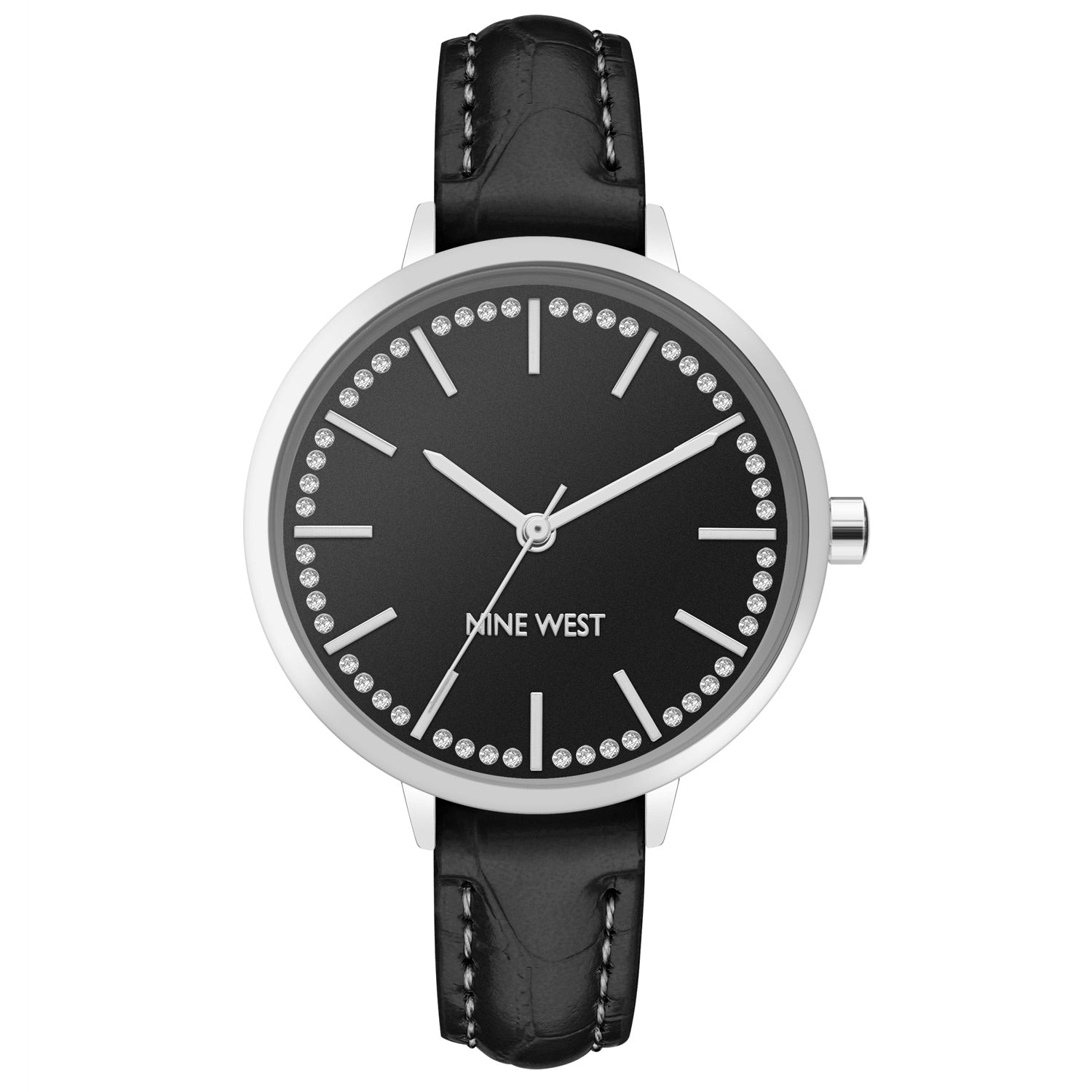 Nine West Damen Analog Quarzuhr mit Metallgehäuse und Metallarmband in Schwarz, schwarzes Zifferblatt