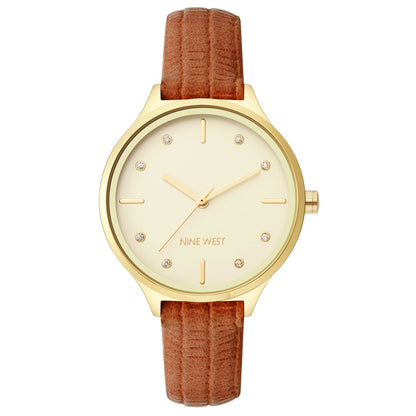 Nine West Damen Analog Quarzuhr mit roséfarbenem Metallgehäuse und Metallarmband, blaues Zifferblatt