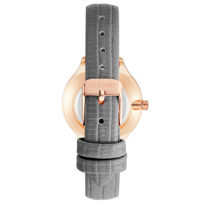 Nine West Damen Analog Quarzuhr mit roséfarbenem Metallgehäuse und Metallarmband, graues Zifferblatt