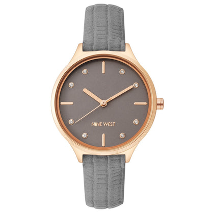 Nine West Damen Analog Quarzuhr mit grauem Metallgehäuse und Metallarmband, graues Zifferblatt