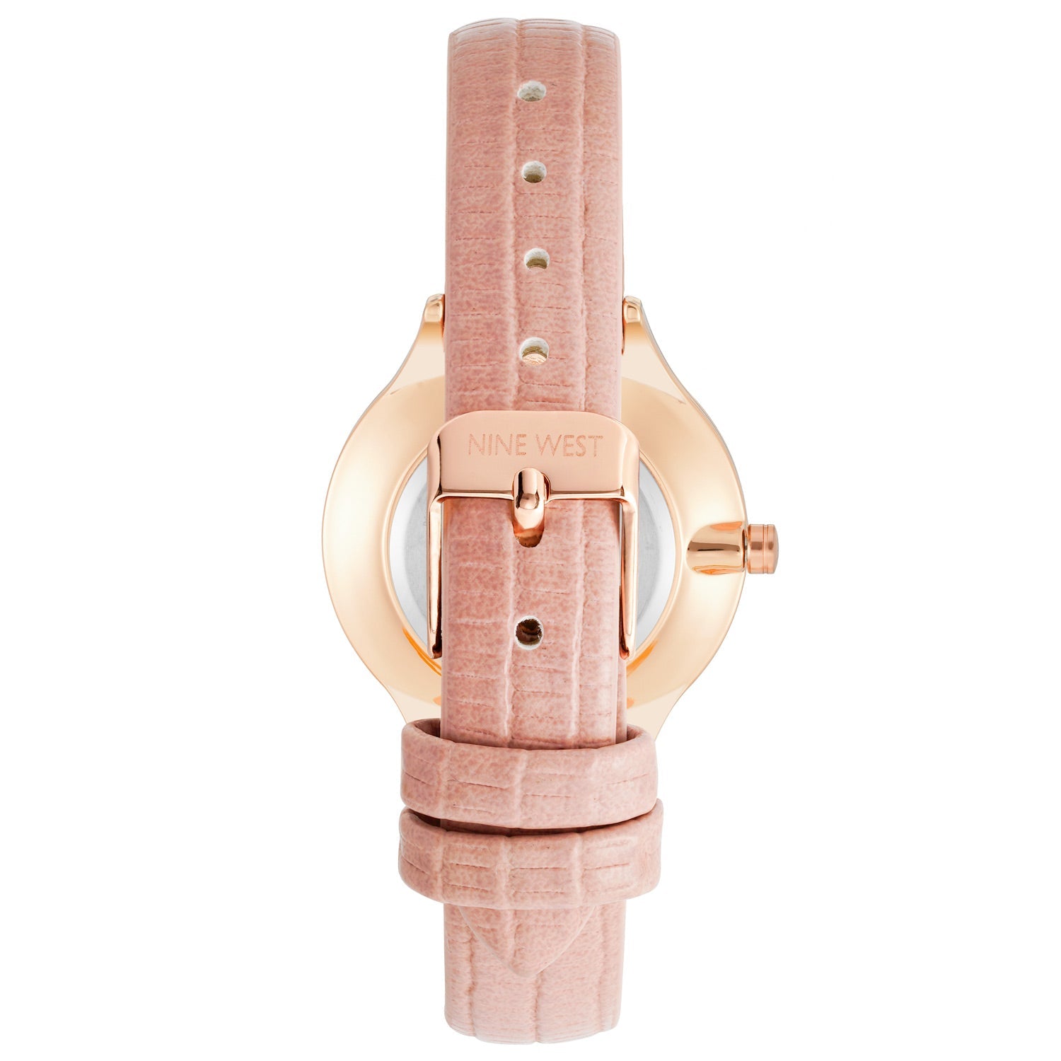 Nine West Damen Analog Quarzuhr mit roséfarbenem Metallgehäuse und Metallarmband, rosa Zifferblatt