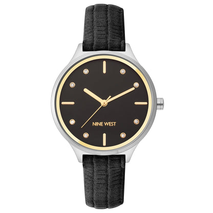 Nine West Damen Analog Quarzuhr mit Metallgehäuse und Metallarmband in Schwarz, schwarzes Zifferblatt