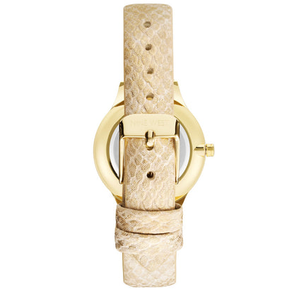Nine West Damen Analog Quarzuhr mit champagnerfarbenem Metallgehäuse und Metallarmband, goldfarbenes Zifferblatt