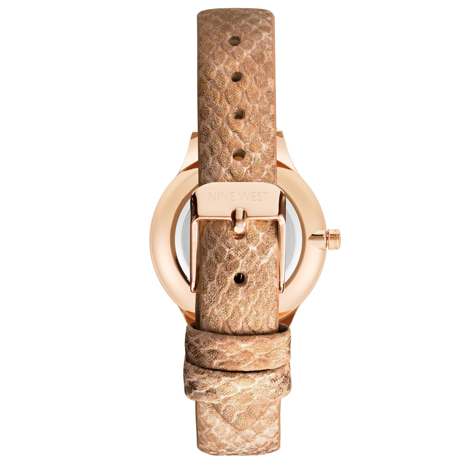 Nine West Damen Analog Quarzuhr mit roséfarbenem Metallgehäuse und Metallarmband, roségoldfarbenes Zifferblatt