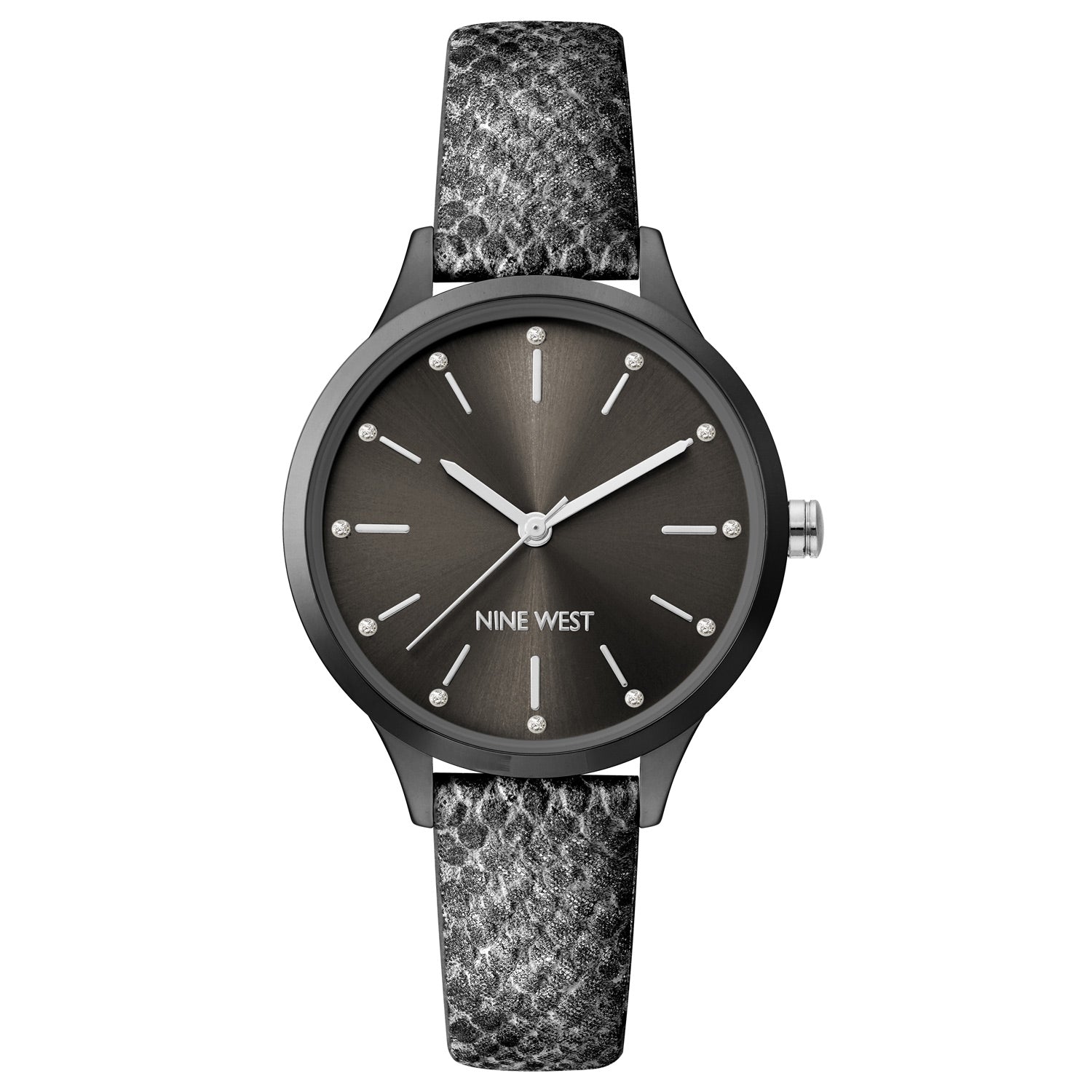 Nine West Damen Analog Quarzuhr mit grauem Metallgehäuse und Metallarmband, graues Zifferblatt