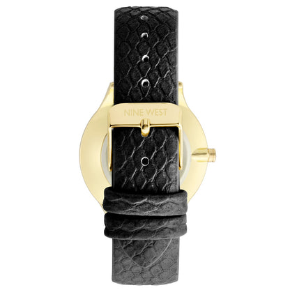 Nine West Damen Analog Quarzuhr mit Metallgehäuse und Metallarmband in Schwarz, schwarzes Zifferblatt