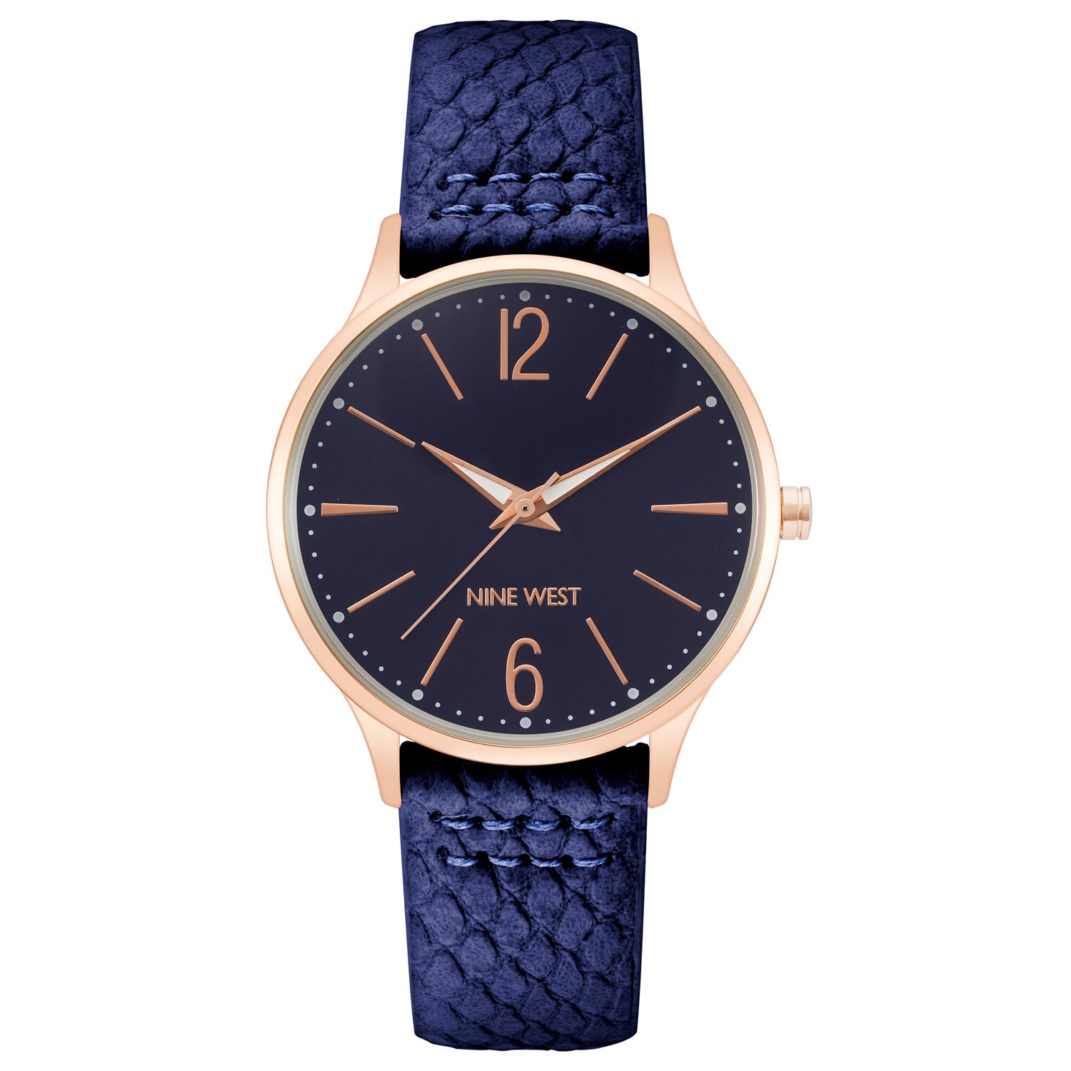 Nine West Damen Analog Quarzuhr mit roséfarbenem Metallgehäuse und Metallarmband, dunkelblaues Zifferblatt