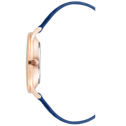 Nine West Damen Analog Quarzuhr mit roséfarbenem Metallgehäuse und Metallarmband, dunkelblaues Zifferblatt