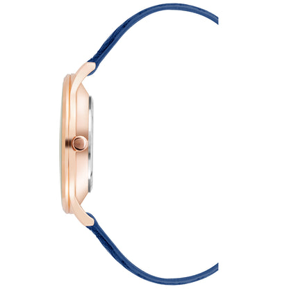Damen-Analog-Quarzuhr mit roséfarbenem Metallgehäuse und Metallarmband, dunkelblaues Zifferblatt