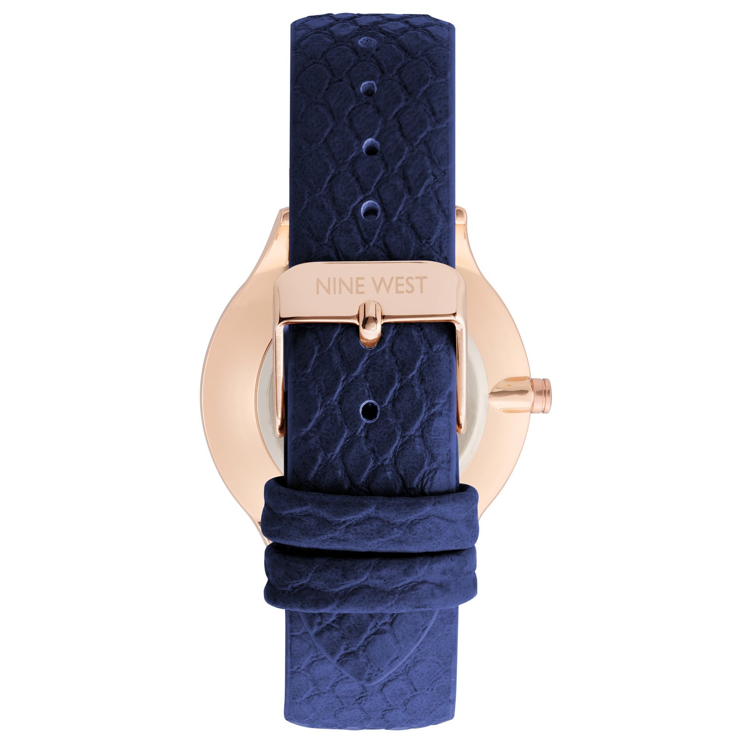 Nine West Damen Analog Quarzuhr mit roséfarbenem Metallgehäuse und Metallarmband, dunkelblaues Zifferblatt