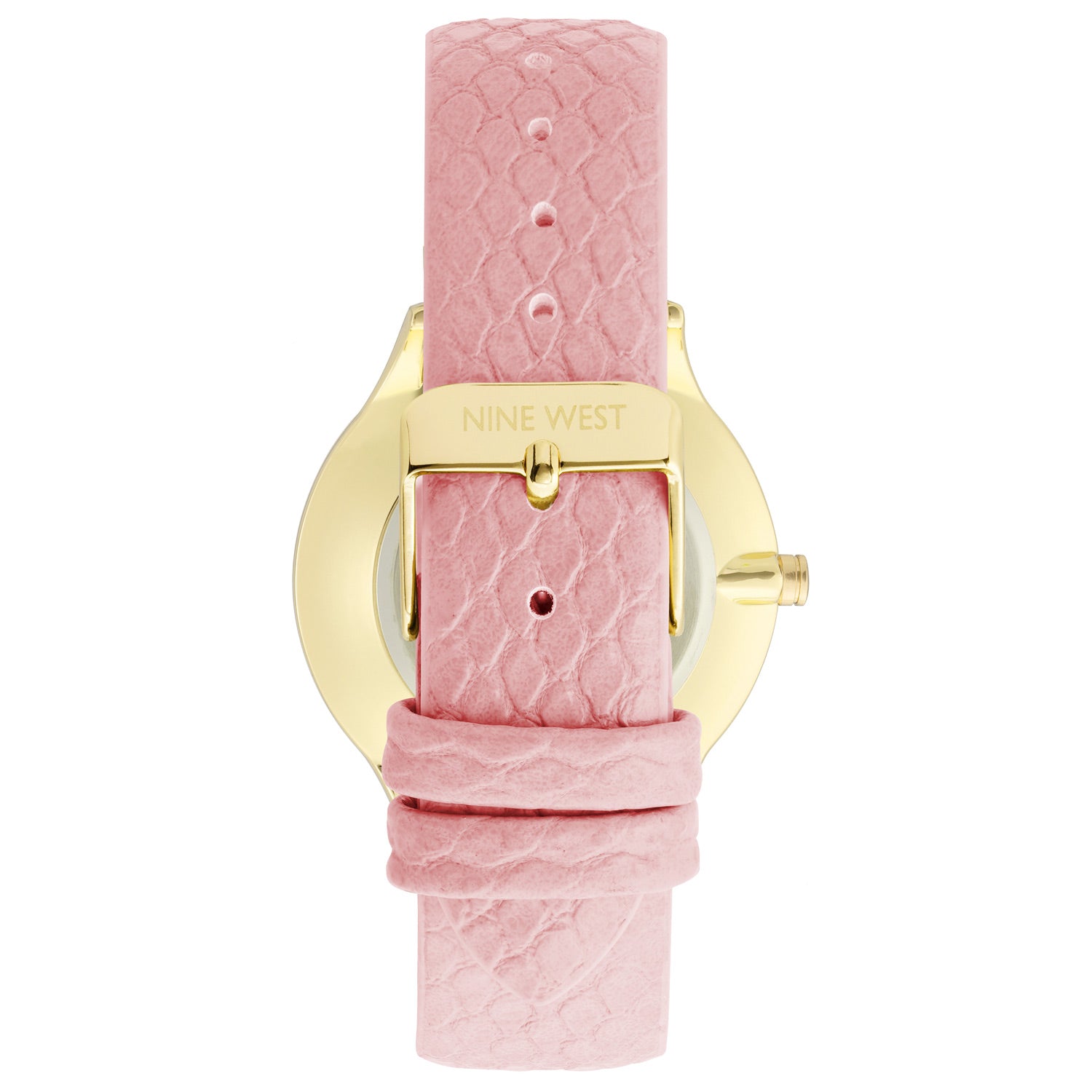 Nine West Damen Analog Quarzuhr mit silberfarbenem Metallgehäuse und Metallarmband, rosa Zifferblatt
