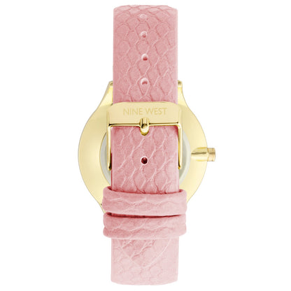 Nine West Damen Analog Quarzuhr mit silberfarbenem Metallgehäuse und Metallarmband, rosa Zifferblatt