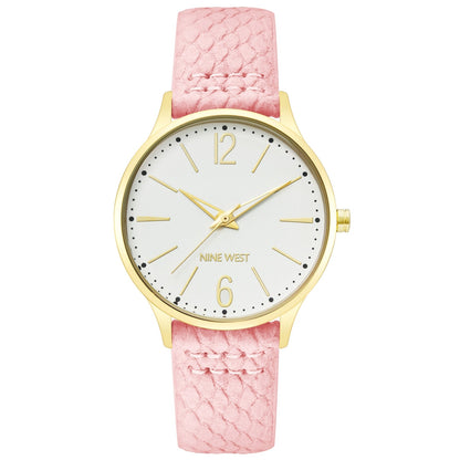 Nine West Damen Analog Quarzuhr mit champagnerfarbenem Metallgehäuse und Metallarmband, goldfarbenes Zifferblatt