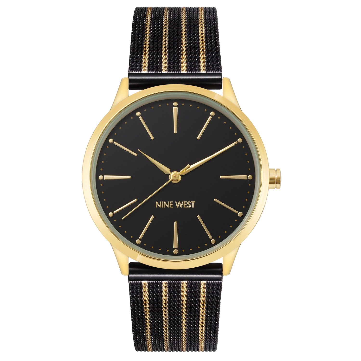 Nine West Damen Analog Quarzuhr mit goldfarbenem Metallgehäuse und Metallarmband, schwarzes Zifferblatt